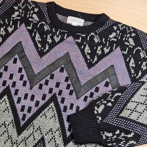 Vintage 80s 90s Knit Geometric Sweater M Black Purple Leather Trim Chapel Hill